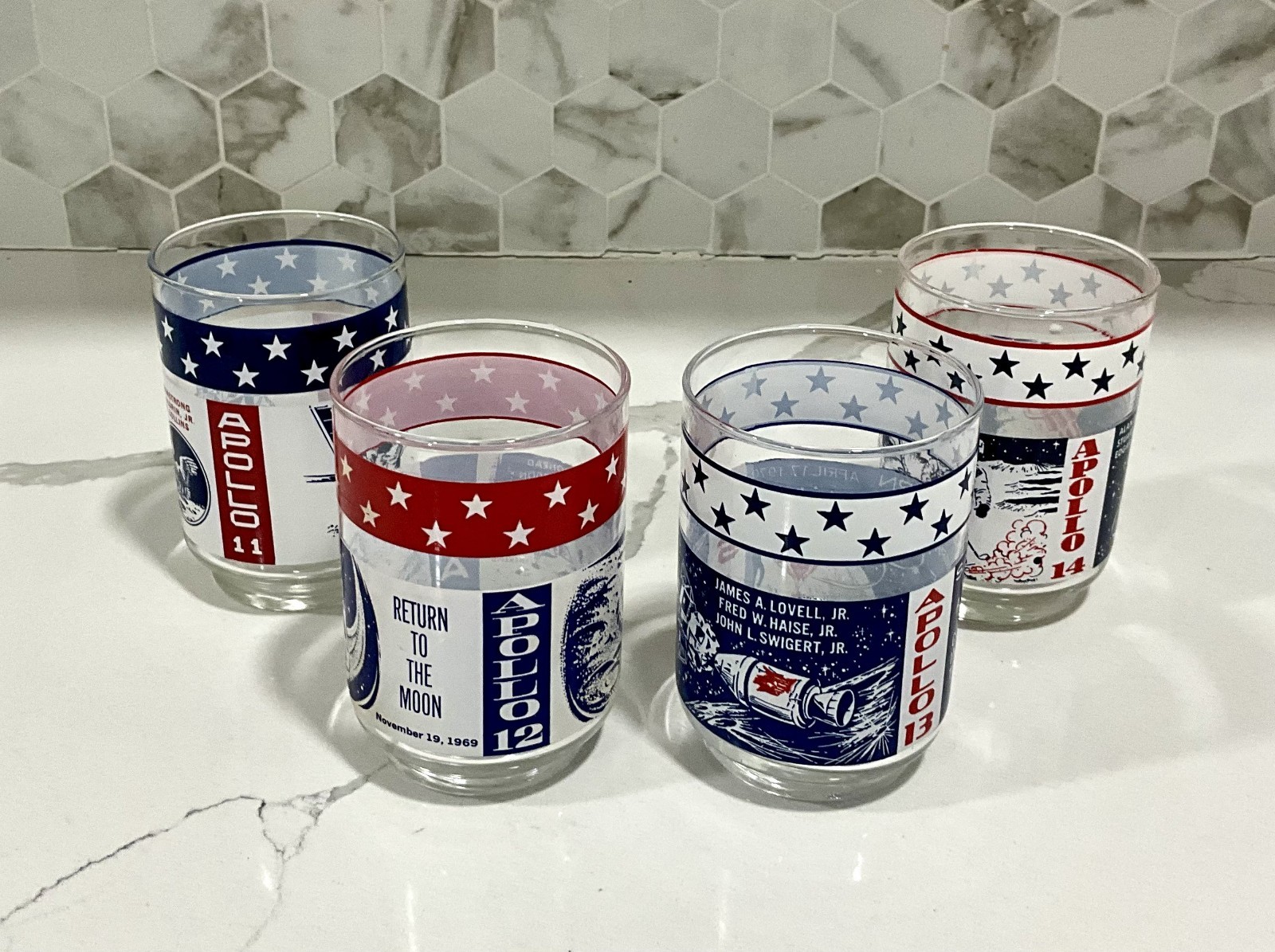 Vintage Apollo Space Moon Landing 4 Glasses Apollo Missions 11,12,13,14 NASA NEW Vintage Apollo Space Moon Landing 4 Glasses Apollo Missions 11,12,13,14 NASA NEW