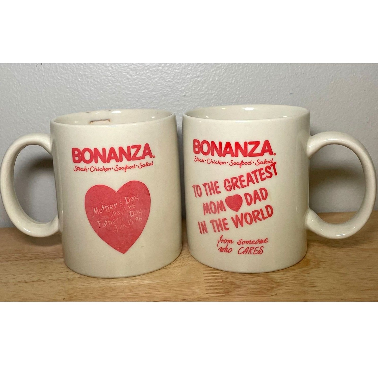 Vintage 1986 Bonanza Steakhouse Mom Dad Coffee Mug Set Restaurant Promo