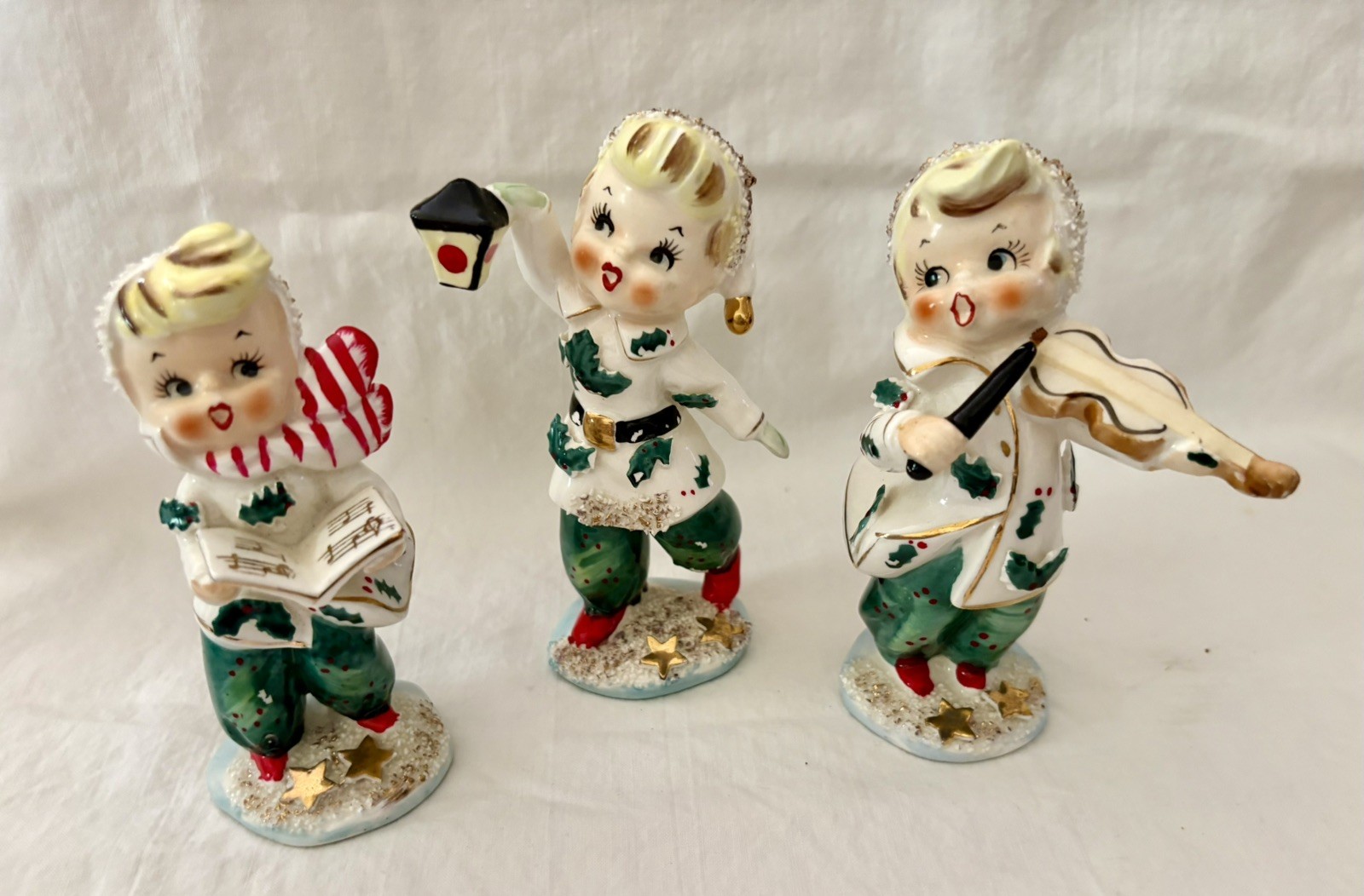 Vintage Geo Z Lefton Trio of Holly Christmas Carolers Figurines 1957 Nice