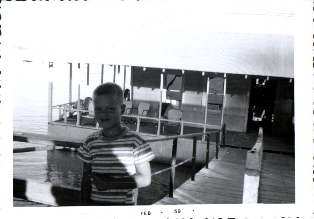 Vintage 1959 Black & White Photo Boy on Pier Waterfront Scene