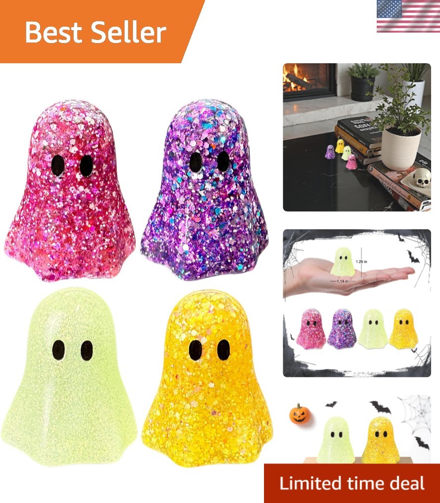 Cute 4-Pc Mini Ghost Figurines with Glitter: Perfect for DIY Halloween Creations