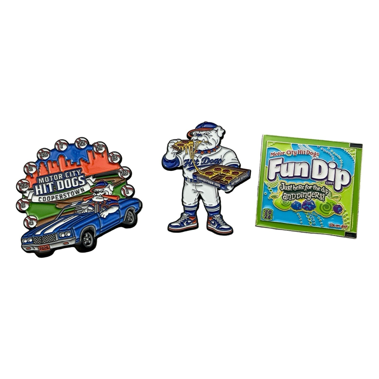 Motor City Hit Dogs Cooperstown 2026 Enamel Pin Set Champion Pins Baseball 3pc