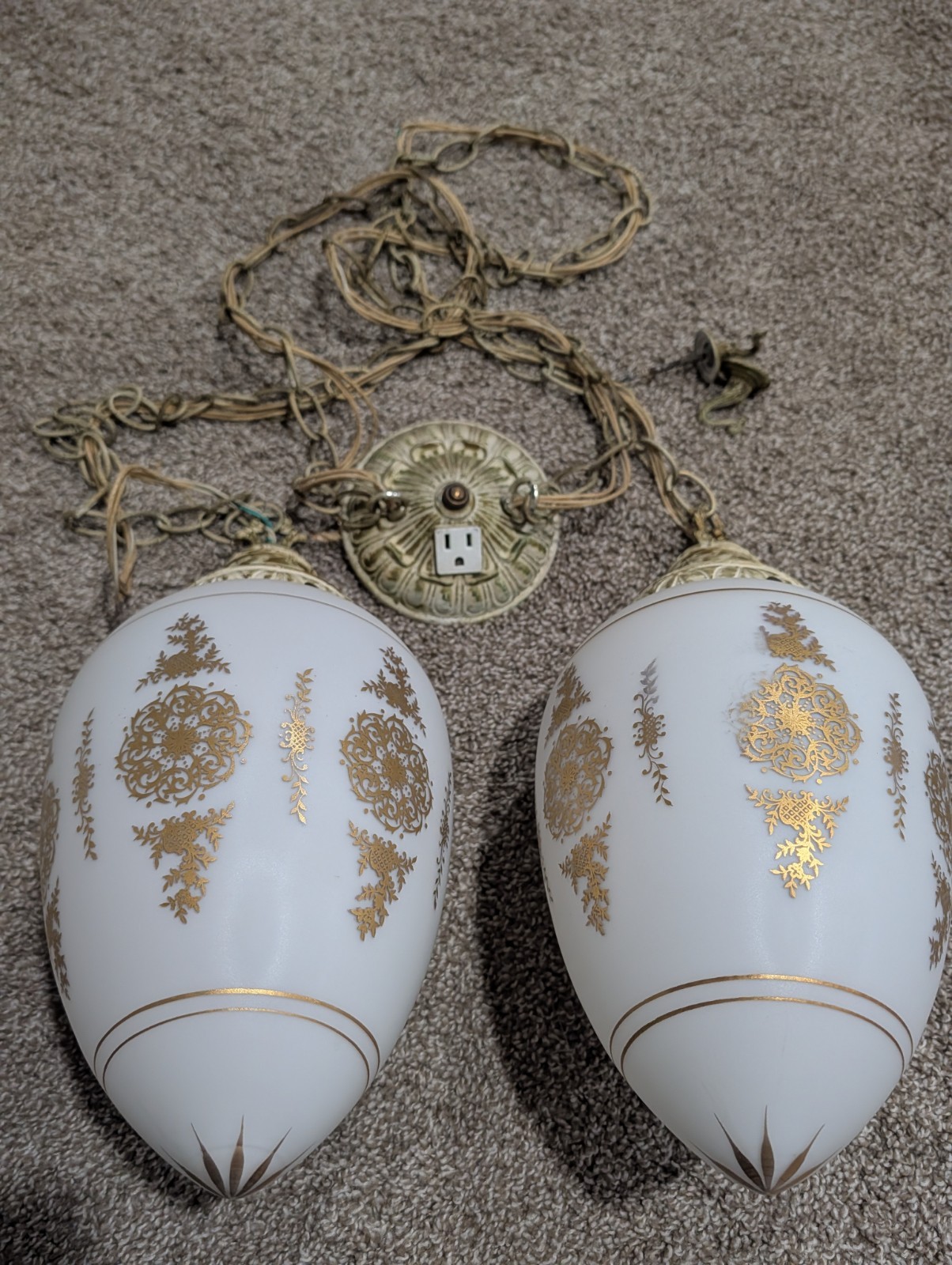 Vintage Pair Antique Gold Decorated Pendant Light Globes Swag Hollywood Regency