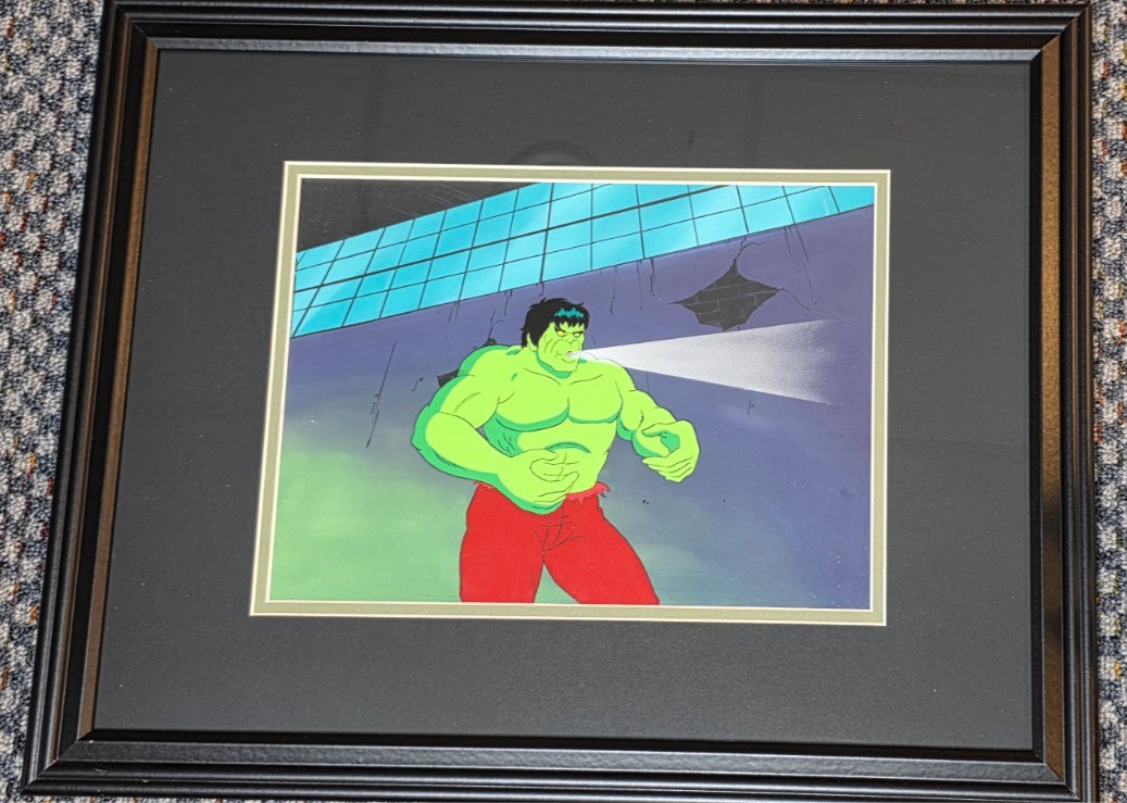 THE INCREDIBLE HULK PRODUCTION ANIMATION CEL ON HAND PAINTED BACKGROUND 1982