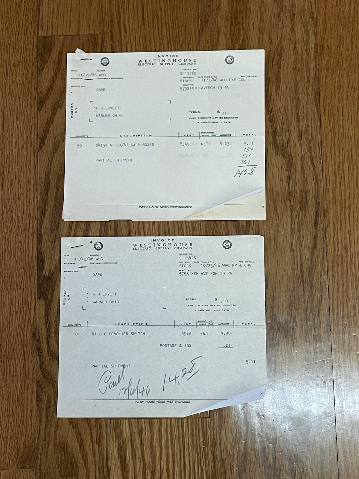 Vintage Westinghouse Electric Supply Company Invoices 