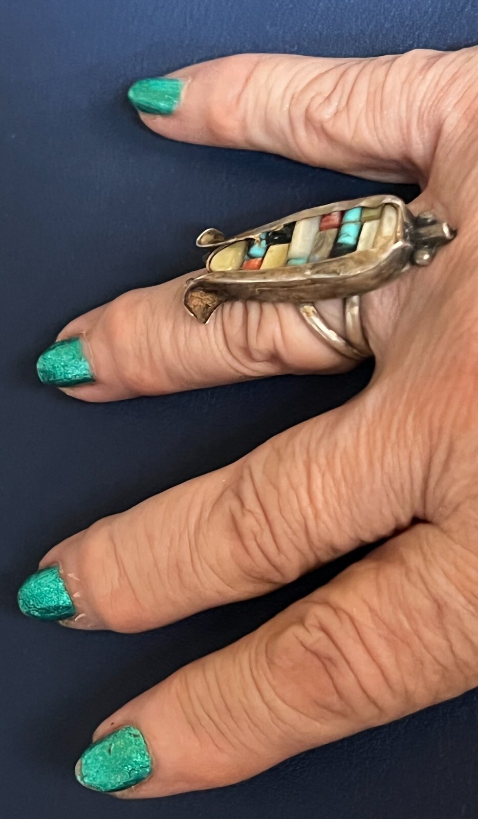 Best Zuni Corn Ring Sz 7-3/4 Inlaid Natural Stones & Shells Mosaic Inlay Y