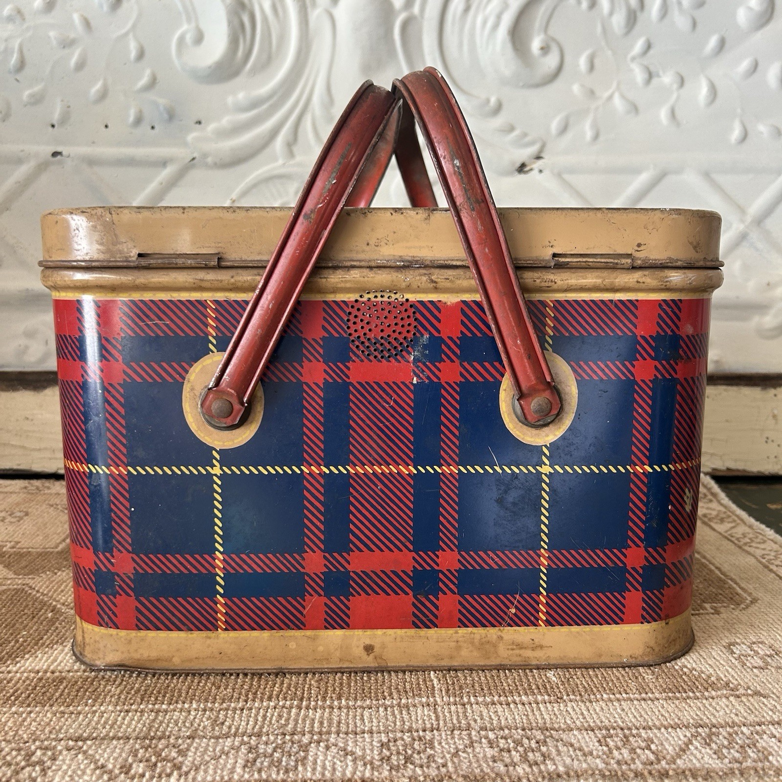 Vintage 1950s Maryland Biscuit Co Tin Picnic Basket Red Blue Plaid Metal Box MCM