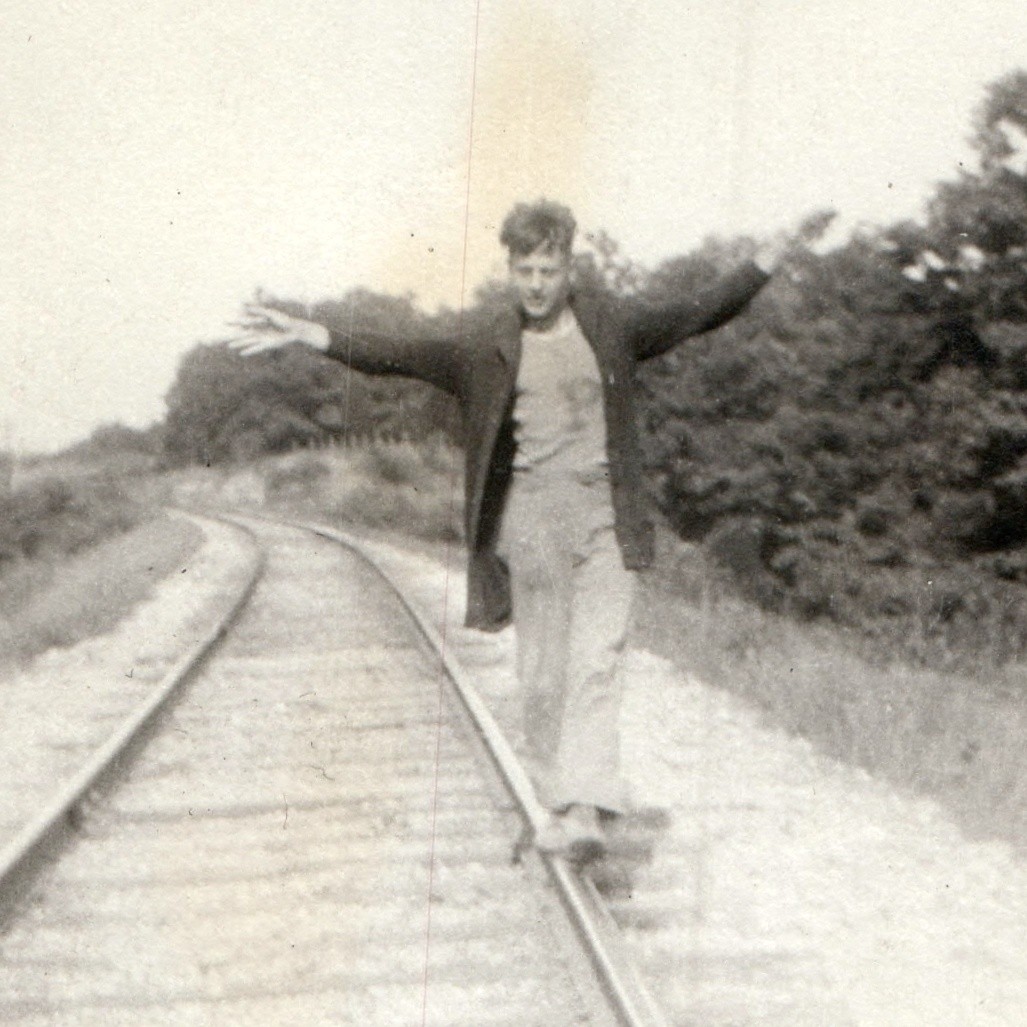 c1930s Railroad Tracks Balancing Young Man Snapshot Photo Train Rail Walking Vtg