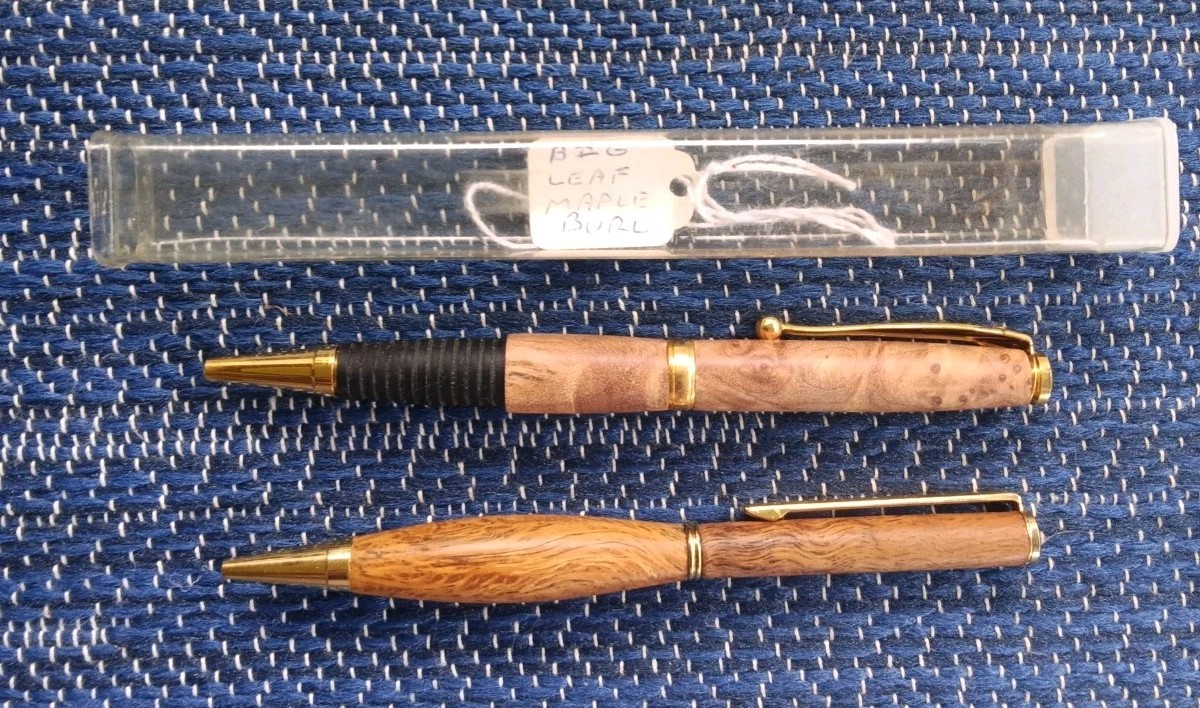 2 Wooden Carved Gold Tone Pens BIG Leaf Maple Burl