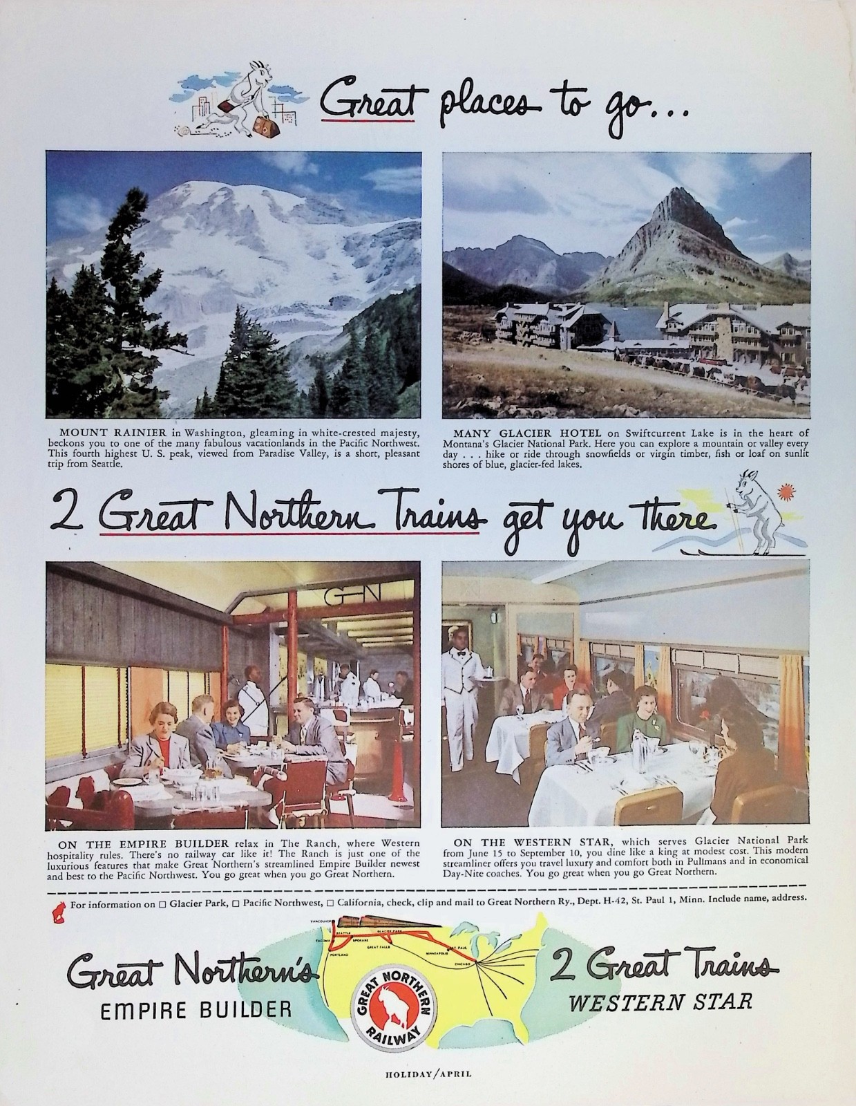 Original 1952 Great Northern Ad: Empire Builder Western Star Train Glacier Park