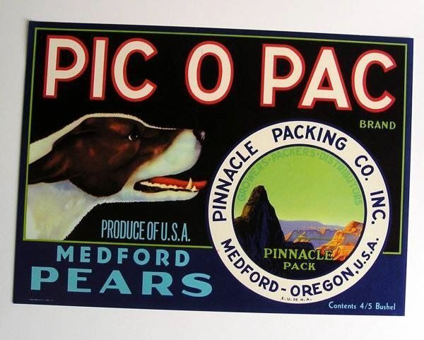 1940s Pic O Pac Pinnacle Pear Crate Label w/ Dog
