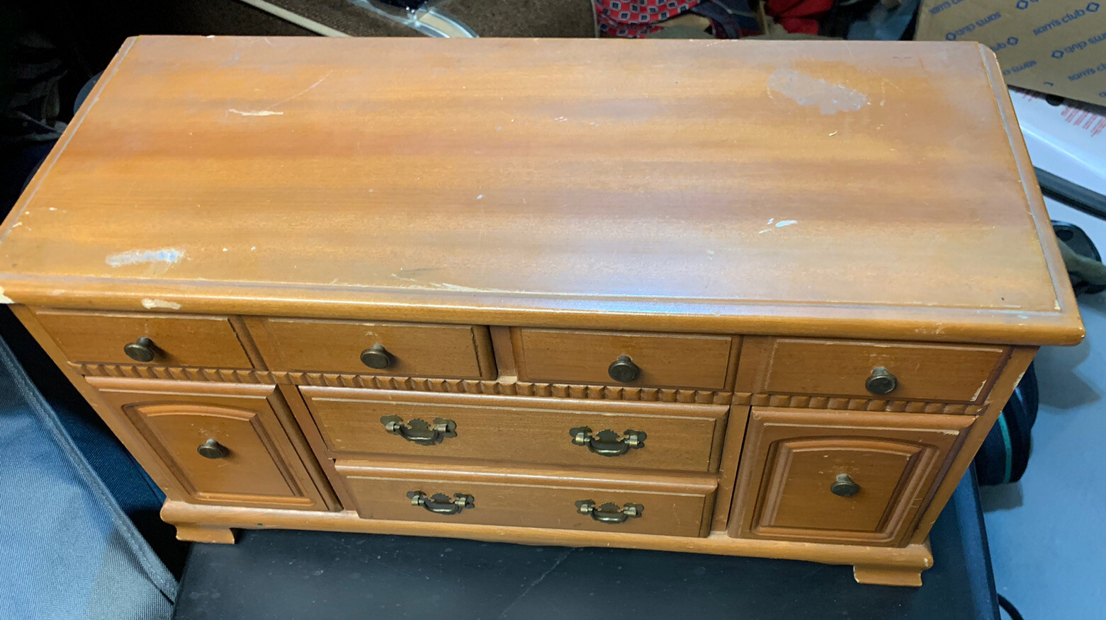 Vintage MELE Wood Sideboard Jewelry Box Japan 18” Doll Sized 6-drawer Dresser