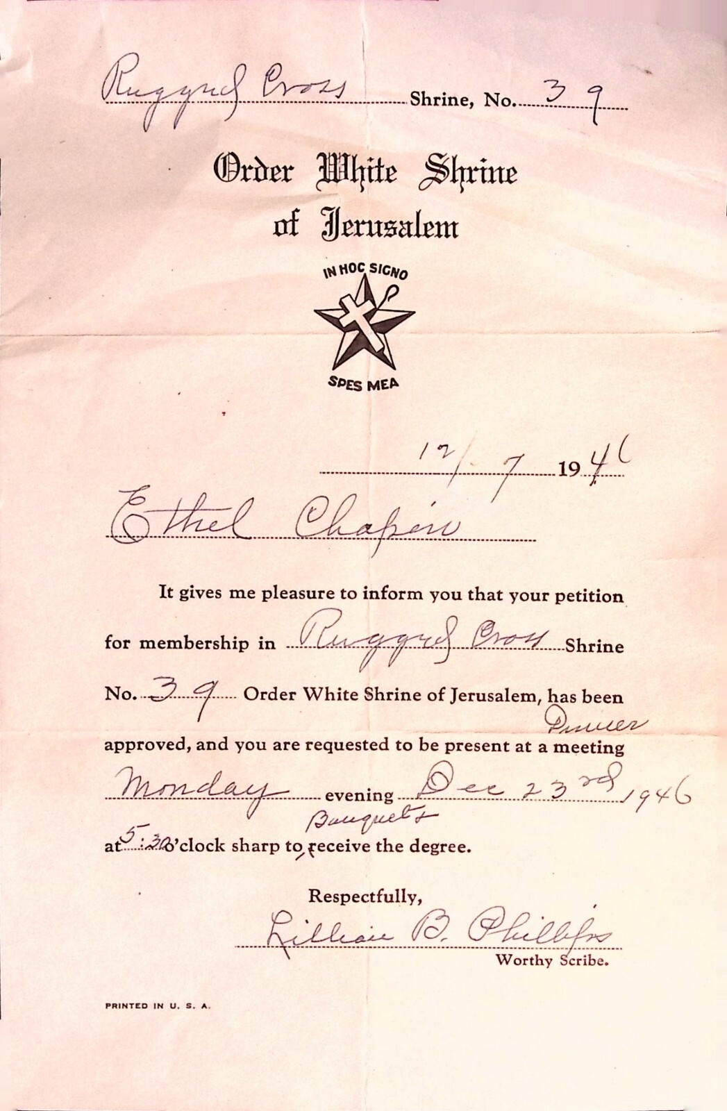 Order White Shrine of Jerusalem IN Hoc Signo 1946 Membership Letter Document