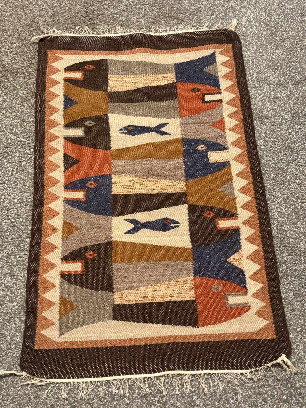 Vtg Oaxaca Mexico Hand Woven Wool Fish Tapestry Accent Rug/Wall Hanging Tribal