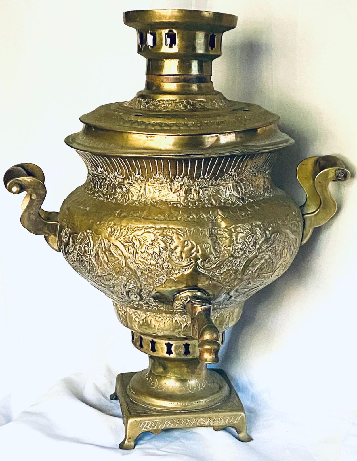 ANTIQUE OTTOMAN TURKISH PERSIAN ETCHED BRASS SAMOVAR TEAPOT FOR DECOR ONLY