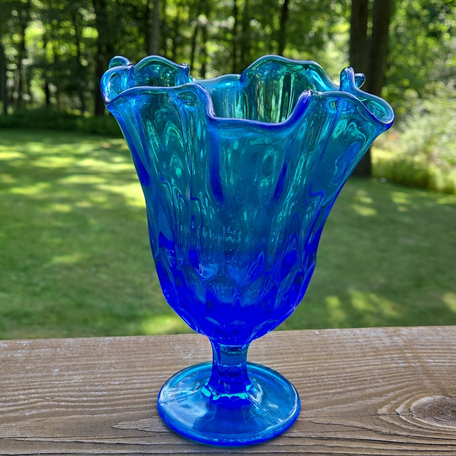 Vintage Fenton colonial blue thumbprint handkerchief pedestal ruffled rim vase