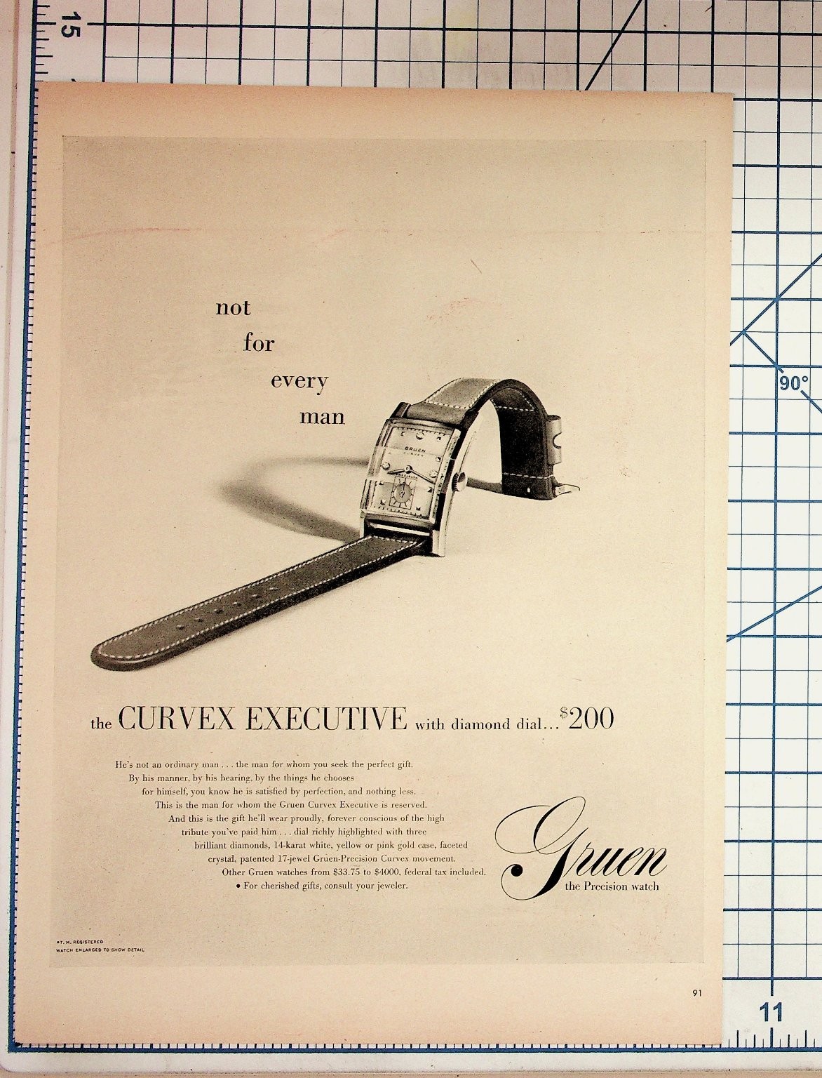 Vintage Gruen Curvex Executive Watch Ad Magazine Print Art Ephemera