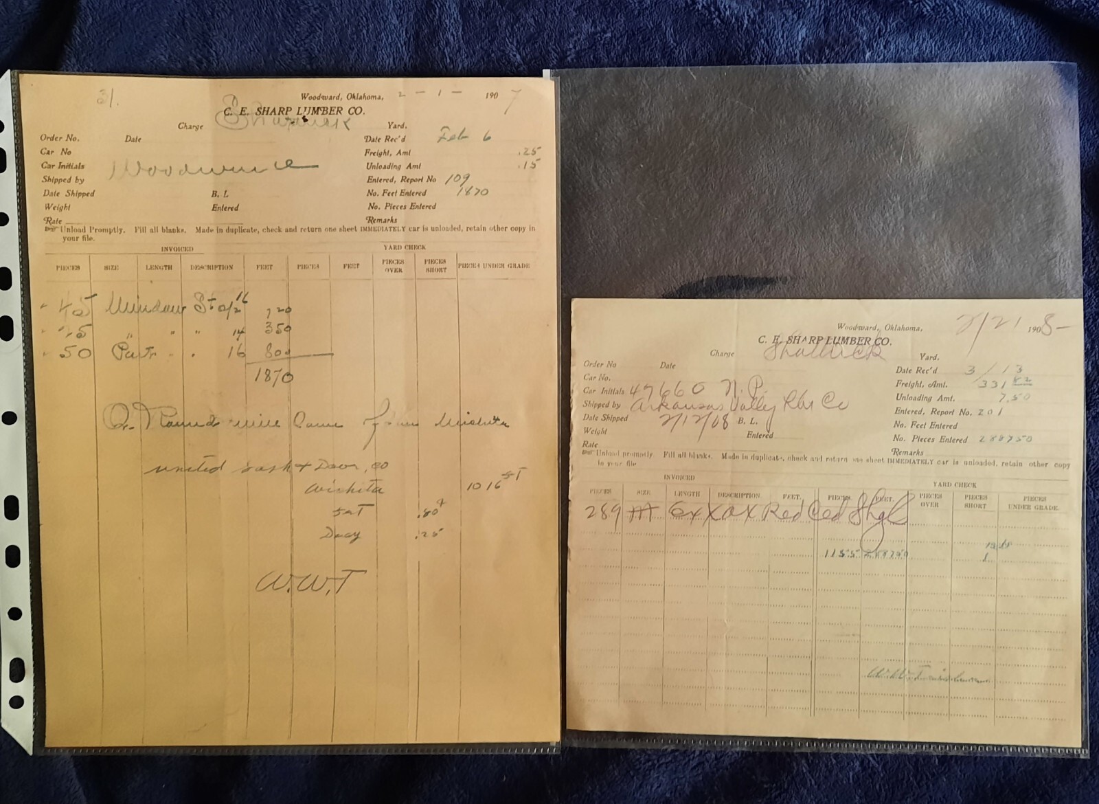 Oklahoma 1907&1908 Before & After Statehood Adoption Original Billhead Receipts