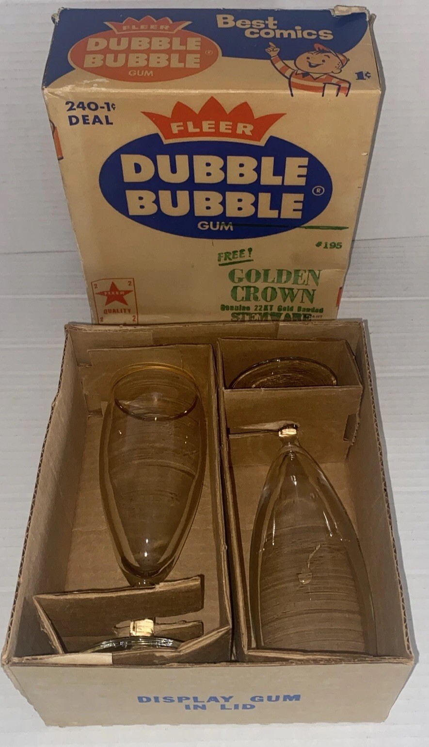 Rare Vintage 1950s FLEER Dubble Bubble Promo Golden Crown Stemware Glasses w Box