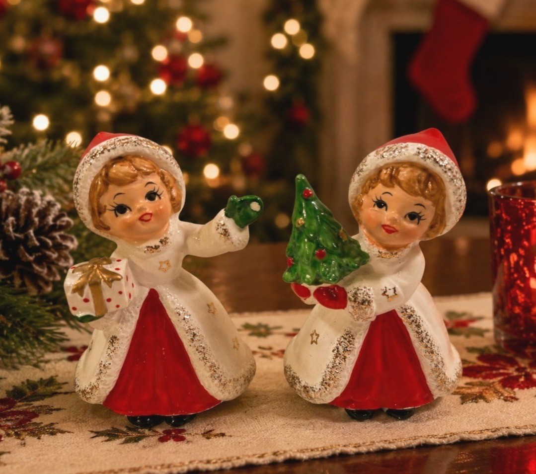 Vintage Christmas Girls Holding Tree Gift Crafted in Japan Figurines Norcrest 