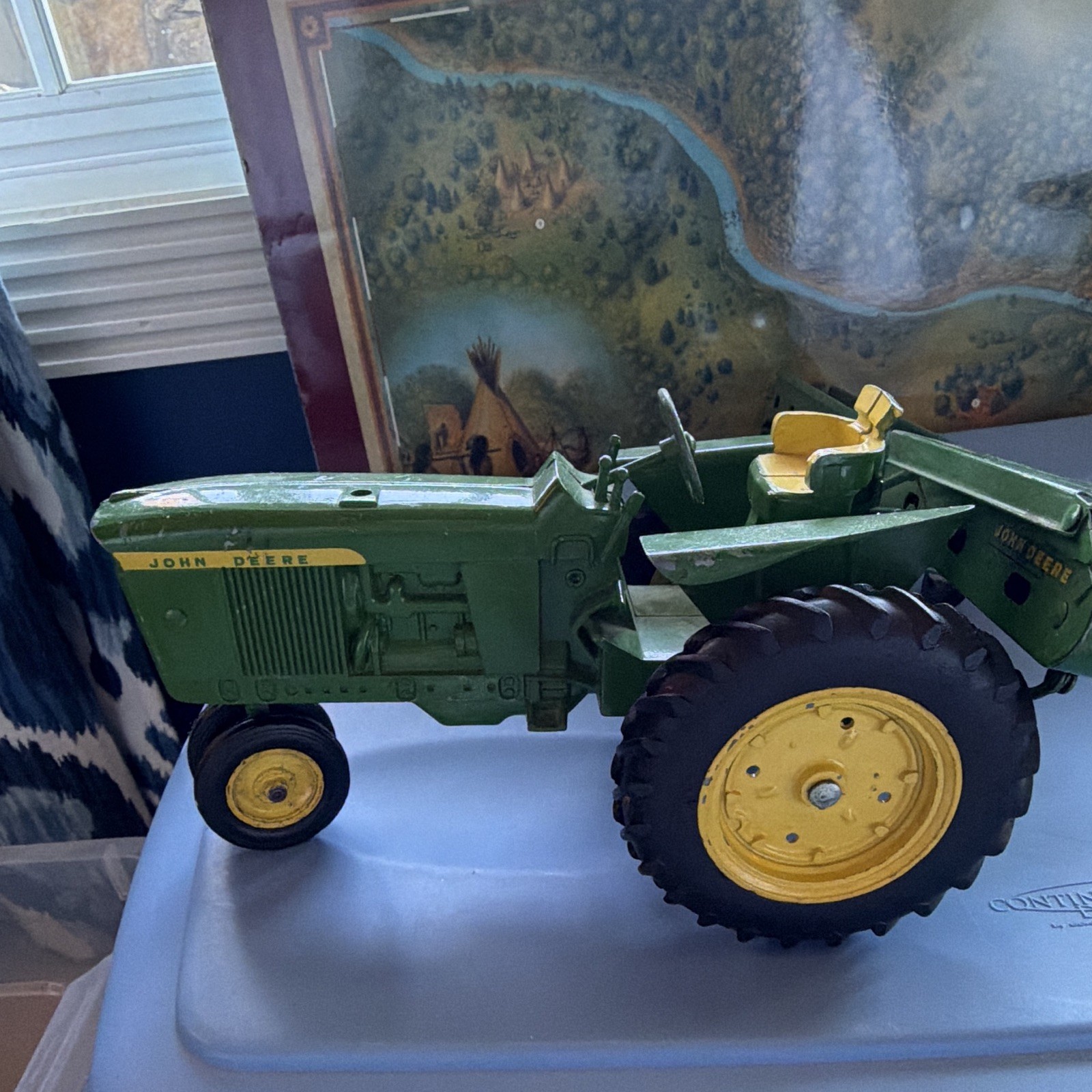 Vintage John Deere Green metal Toy Tractor Set with Wagons & Farm Implements
