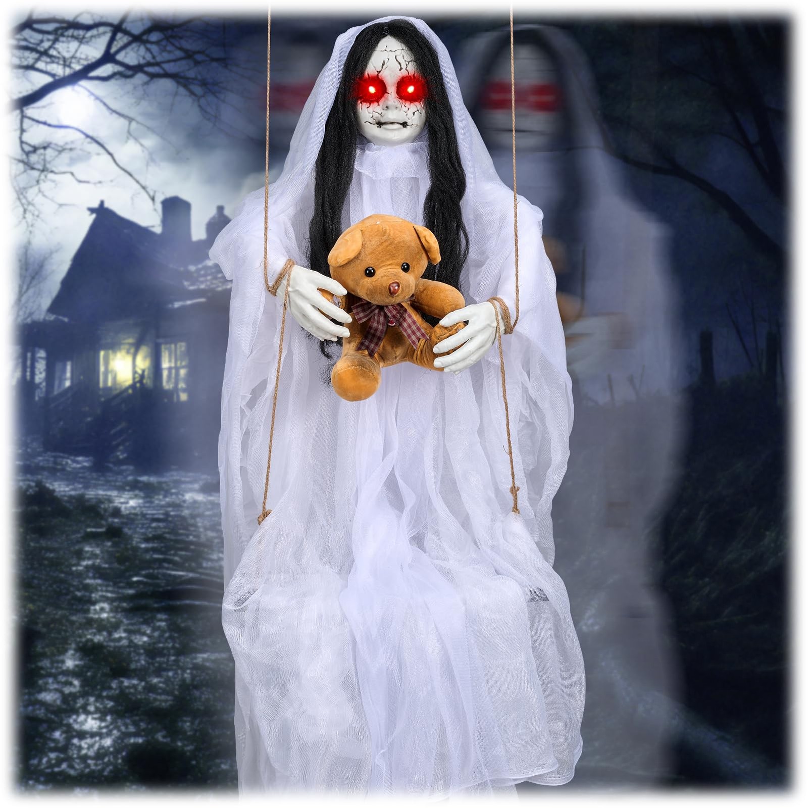 4.9FT Halloween Scary Decorations Outdoor,Hanging Swinging Doll Girl white
