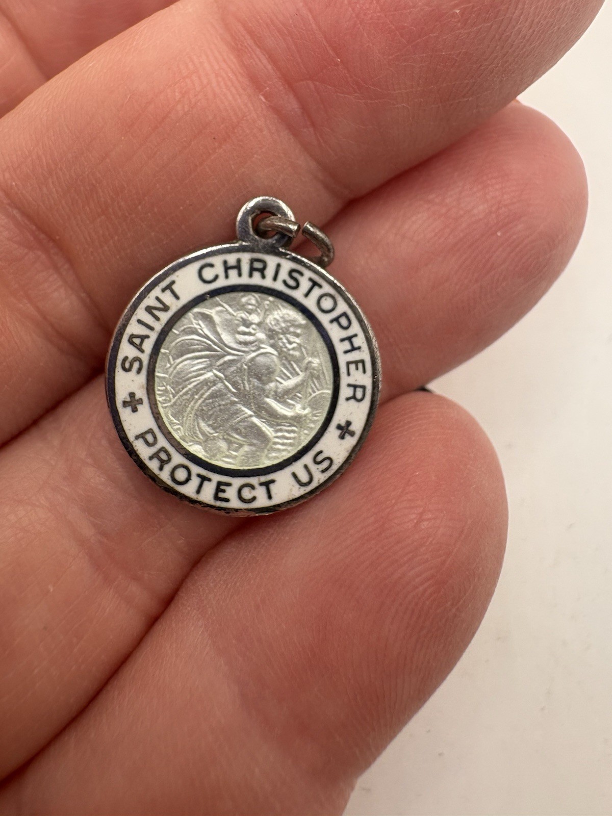 Vintage White Enamel Sterling Silver Saint Christopher Religious Medal Charm