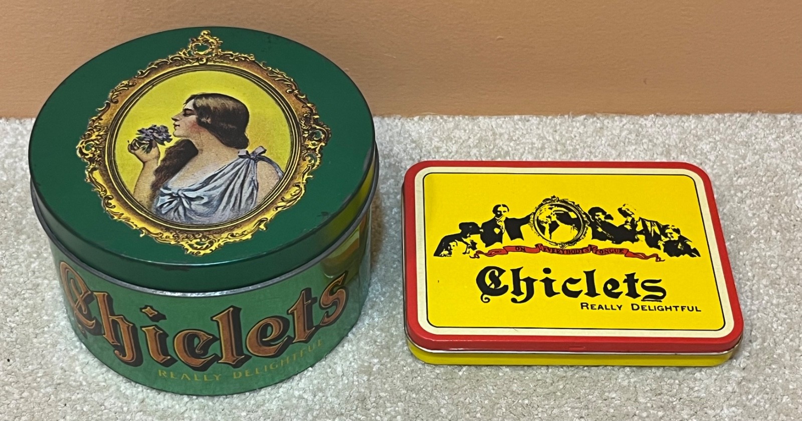 2 Vintage CHICLETS Gum Advertising Colector Tins CHEINCO HOUSE WARES 