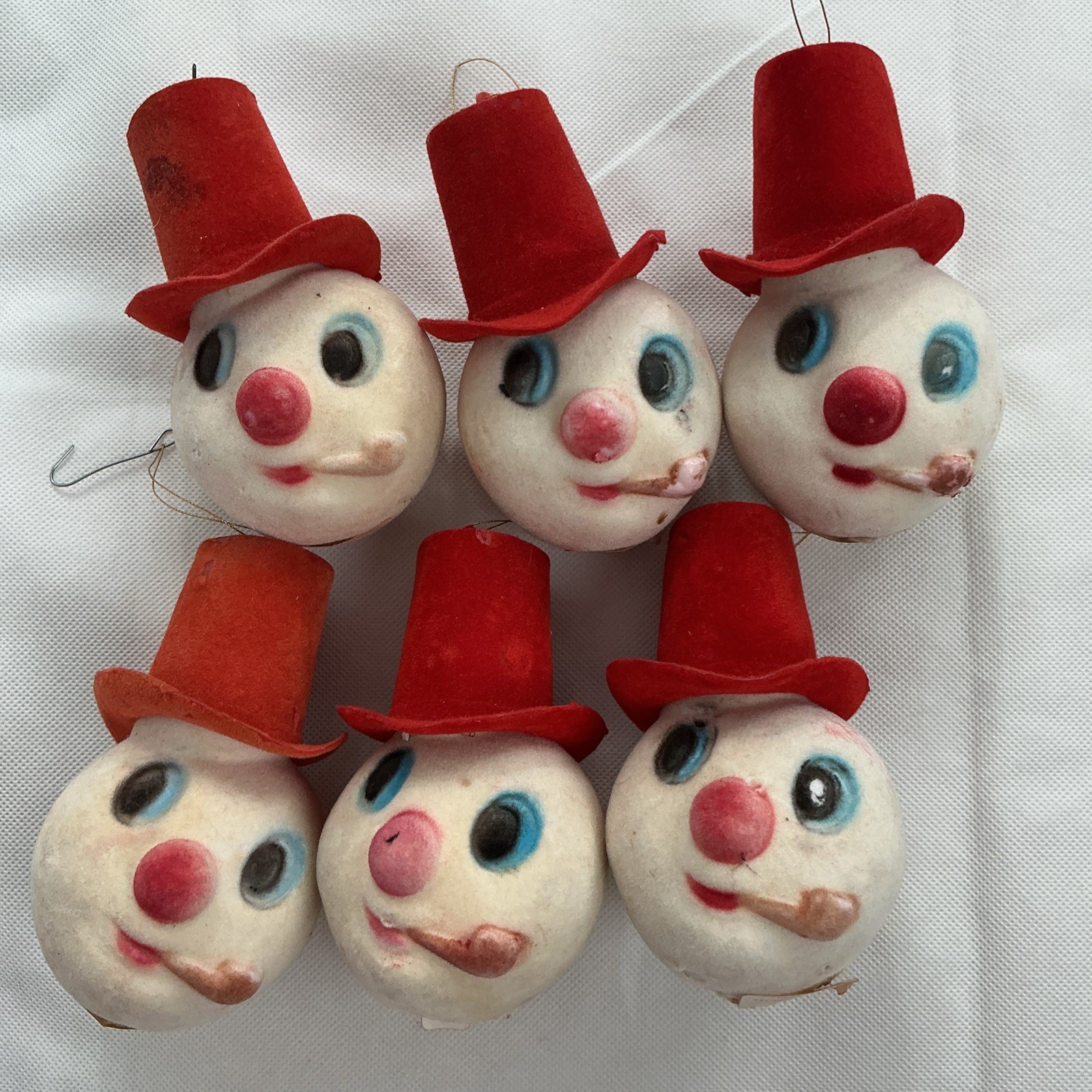 Lot of 6 Vintage MCM Flocked Christmas Ornaments Snowman Heads Hong Kong 1971