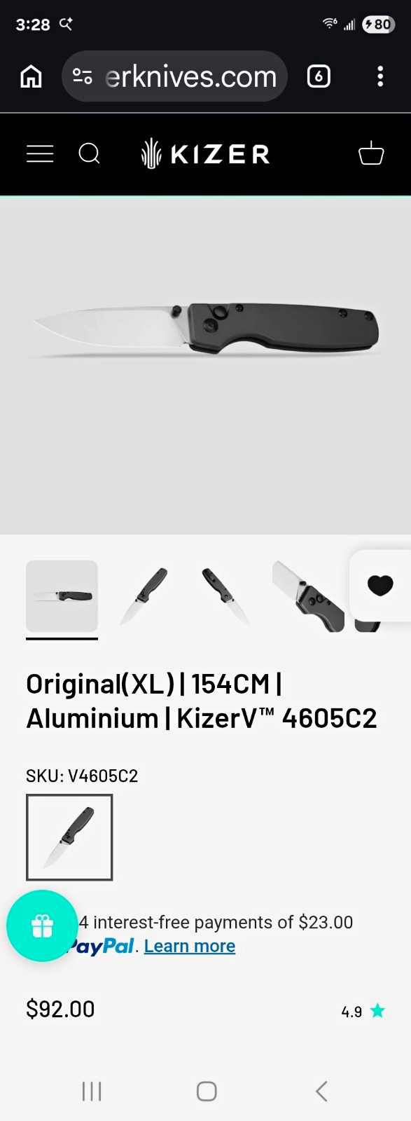 Kizer Original XL V4605C2 Pocketknife 154CM Drop Point Plain Button Gunmetal