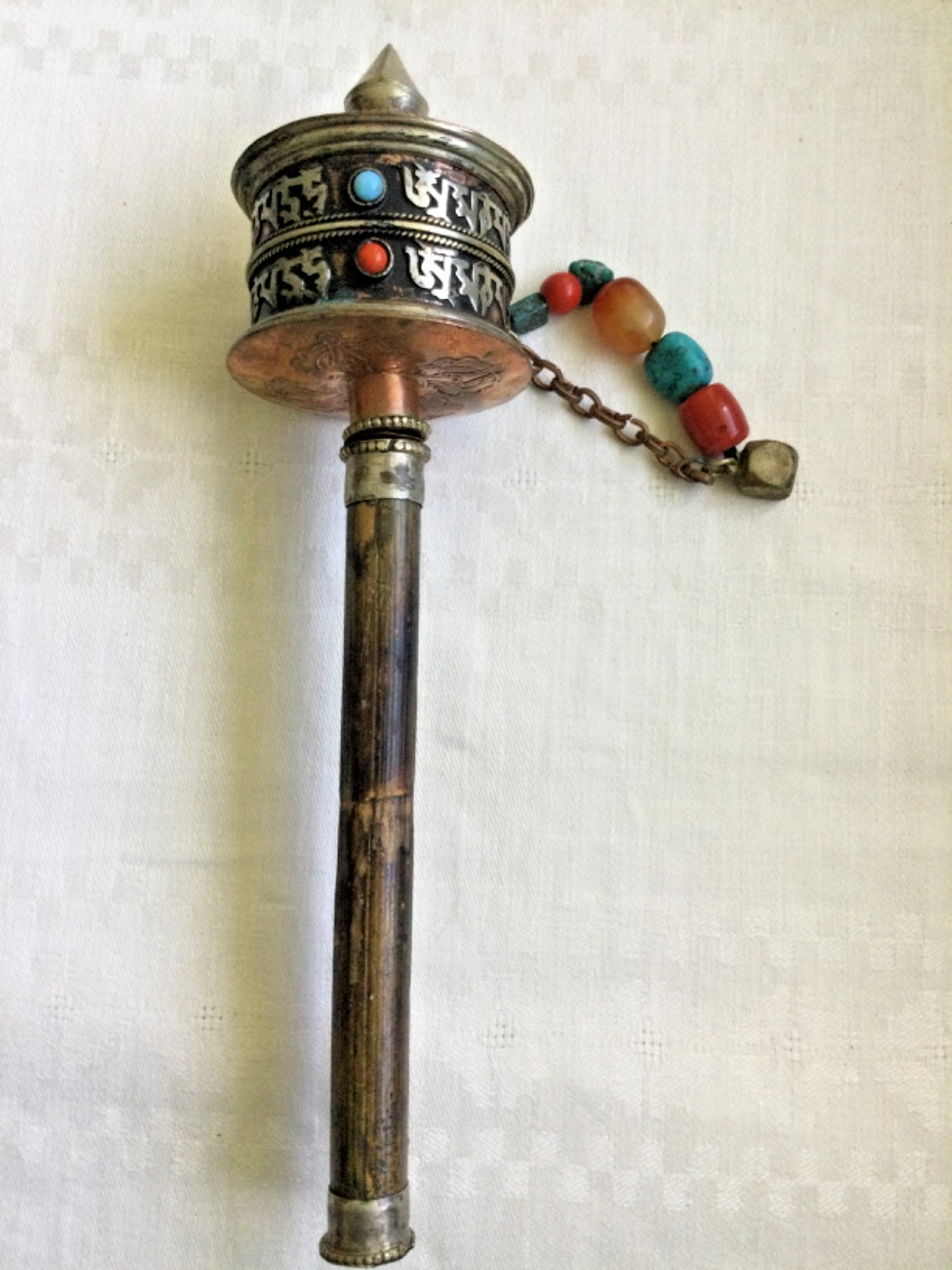 VTG Handmade Buddhist Copper Silver Prayer Wheel Natural Stones Engraved Script