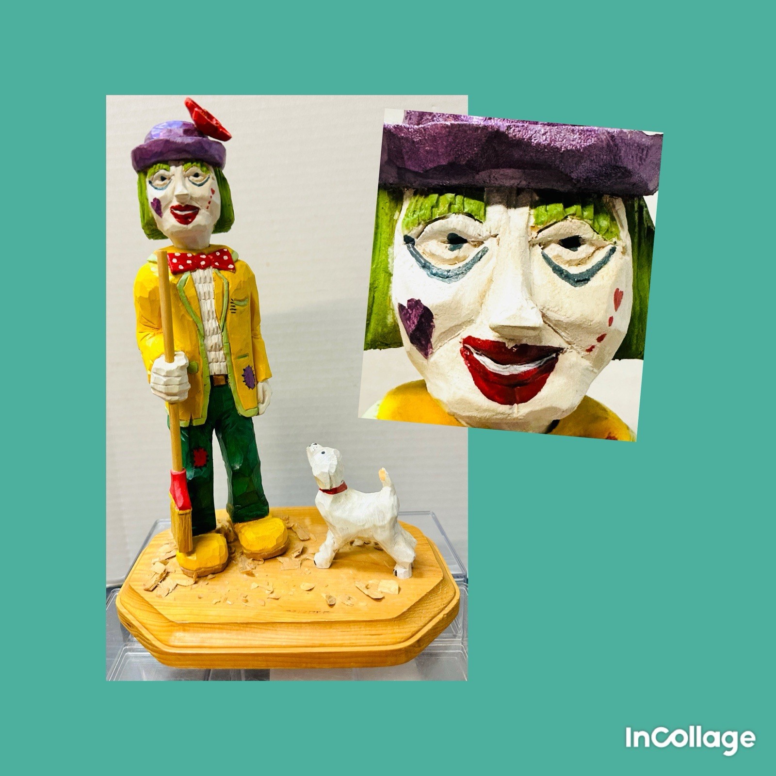Vintage Hand Carved Wooden Hobo Clown w/Dog Folk Art Signed OOAK