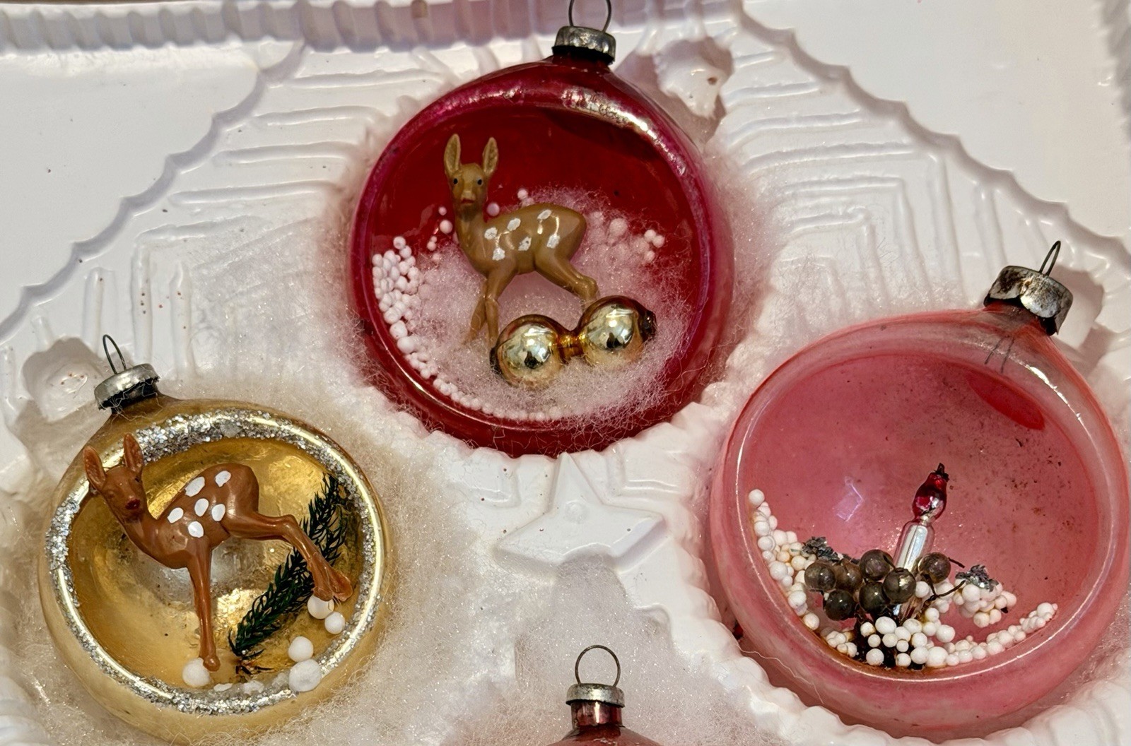 Vintage Japan Pink/Red/Gold Glass Diorama Ornaments Set of 3 Deer/Candle
