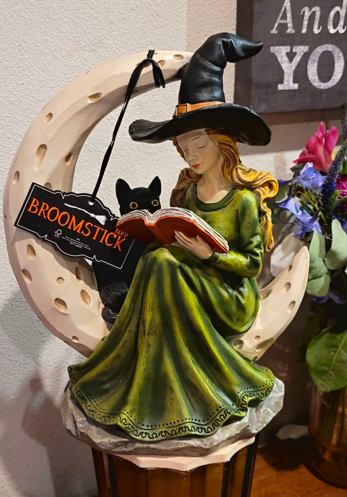 Broomstick Blvd Halloween Witch Black Cat Crescent Moon Figurine