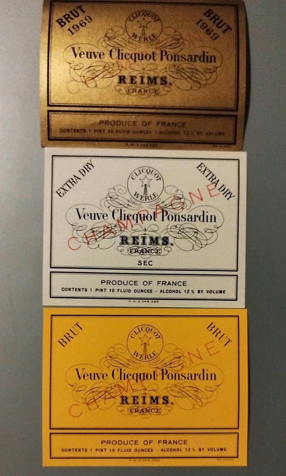 Lot of 3 Vintage Veuve Clicquot Champagne Labels-NOS Specimens 1969 Vintage Brut