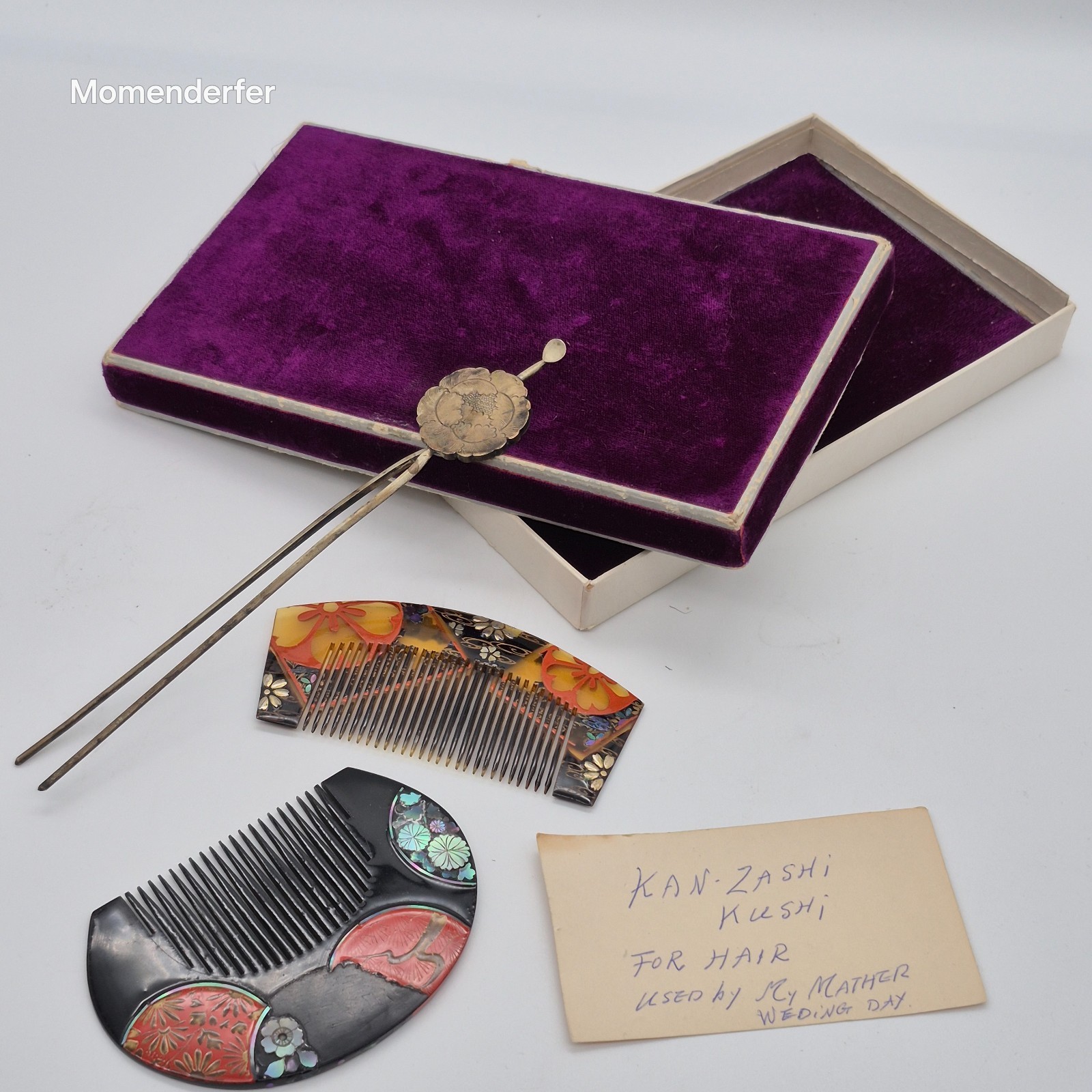Vintage Japanese Wedding Kushi Kanzashi Set 2 Combs Hairpin Velvet Box Inlay
