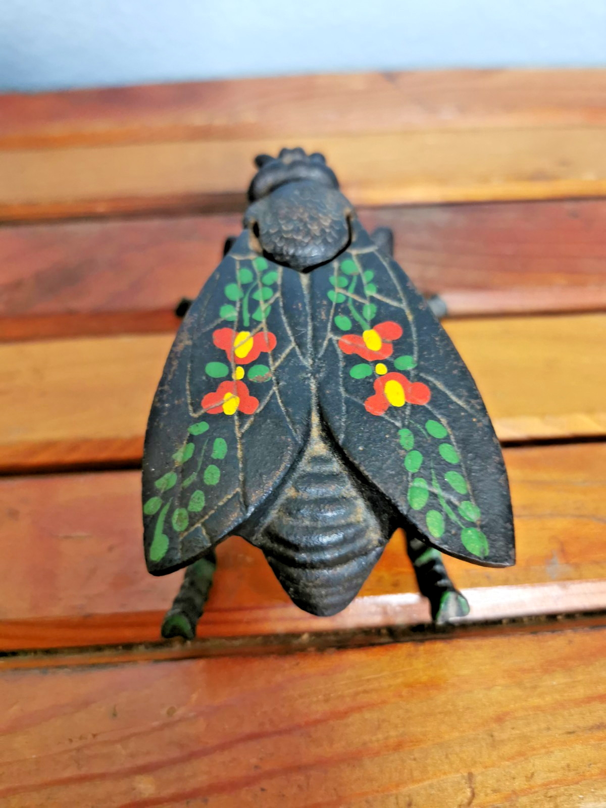 Vintage Hand Painted Cast Iron Fly Trinket Match Safe Hinged Wings Folk Art
