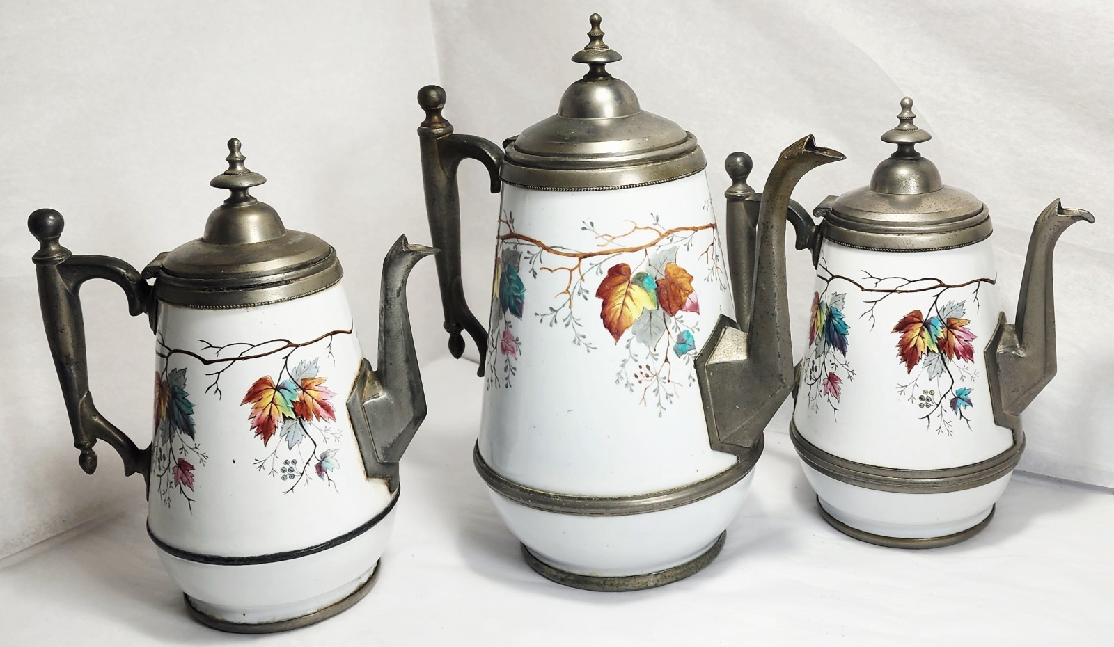 3 Antique Porcelain Enamel & Pewter Coffee Pot Manning Bowman Fall Maple Leave
