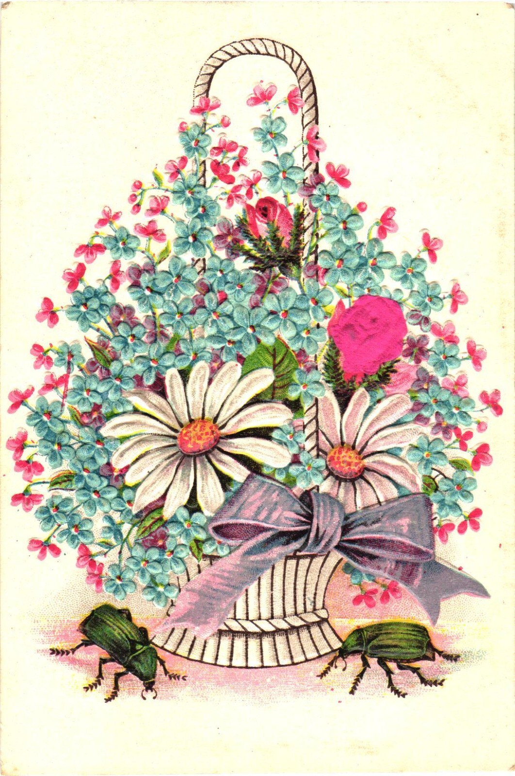 Flowers Basket Beetles Embossed Undivided Back Postcard c1905 Greetings