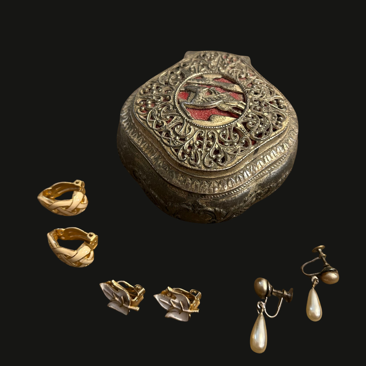 Vintage Japan Silver plated Jewelry Trinket Box with Vintage Earrings