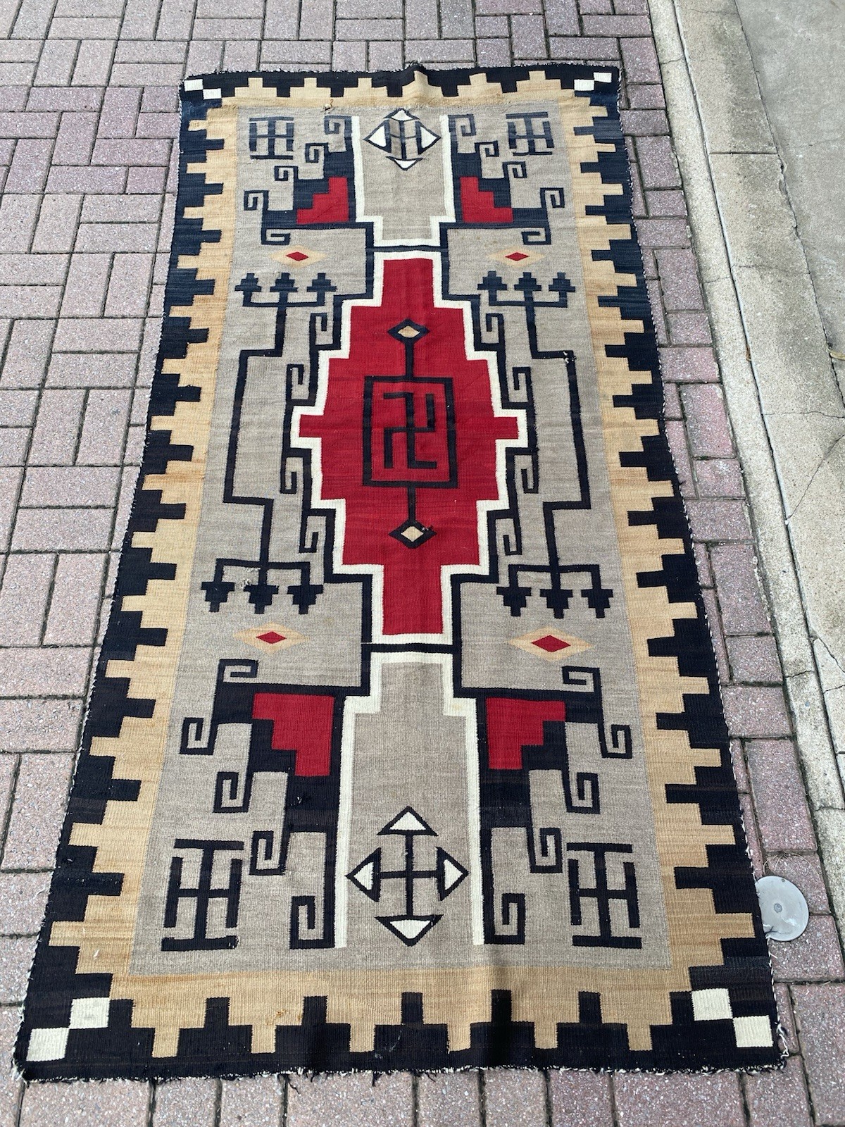 LG Antique c1915 Navajo Rug Native American Indian Blanket Whirling Log 93” Long