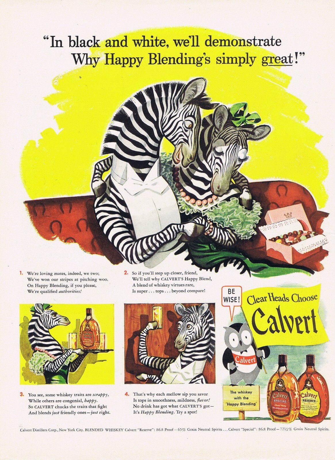 1943 Vintage CALVERT SPECIAL & RESERVE BLENDED WHISKEY AD ROMANTIC ZEBRAS, OWLS