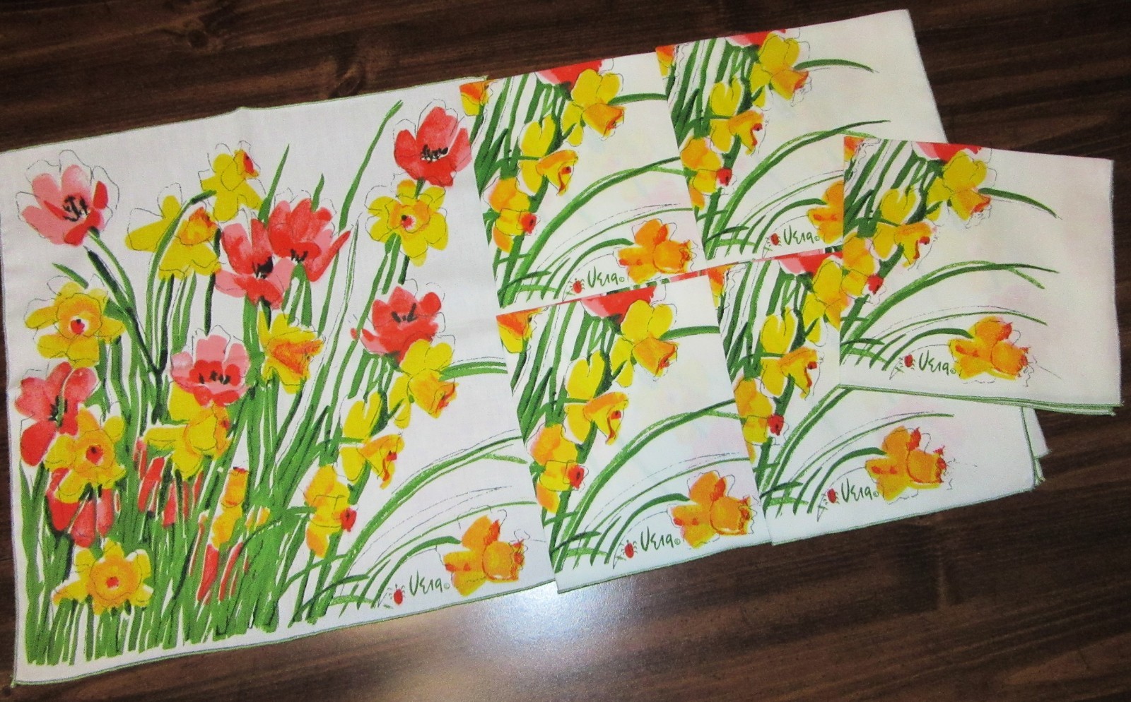 Vintage Vera Neumann Lady Bug Napkins Daffodils Tulips Set of 6 Nice Floral MCM