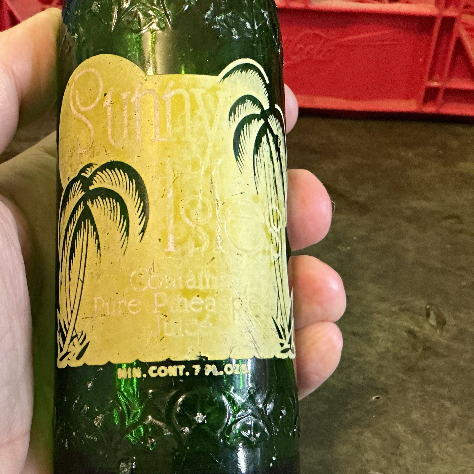 Vintage 40s-60s Sunny Isles Pure Pineapple Juice, Green Glass Soda Bottle, 7 oz