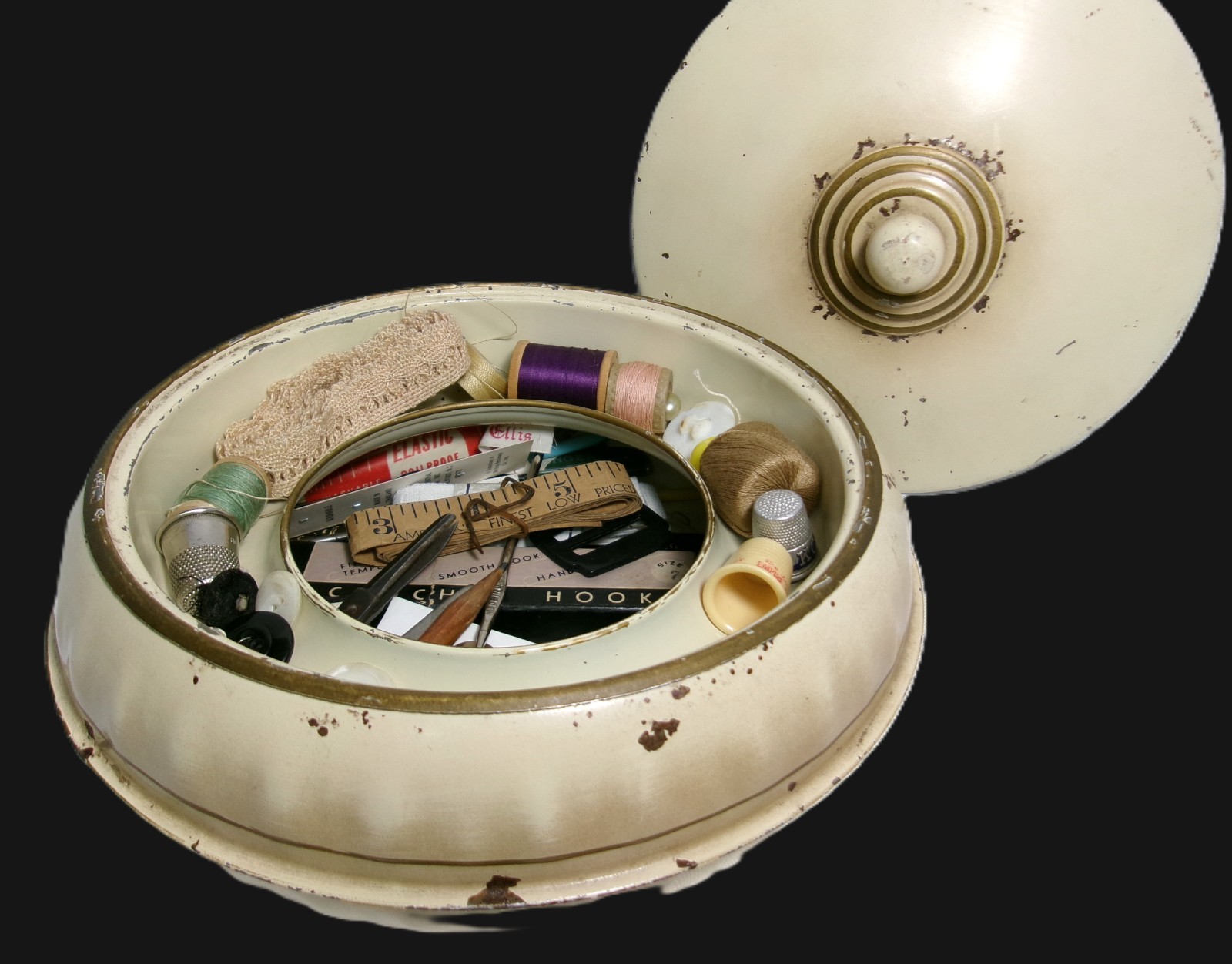 Unique 1930’s Vintage 3-Pc. Metal Sewing Cannister Tin w/ Mending Notions