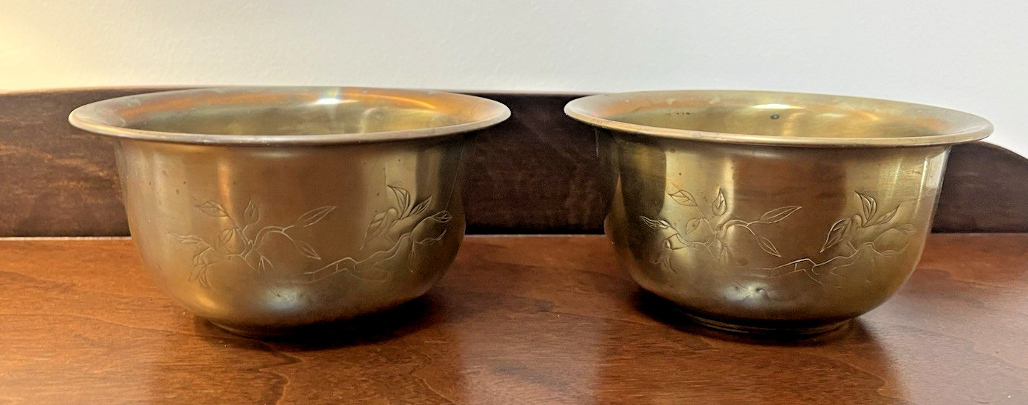 Vintage Solid Brass Bowls Set Lot 2 Planters Decor Etched Quiet Luxury Old Money
