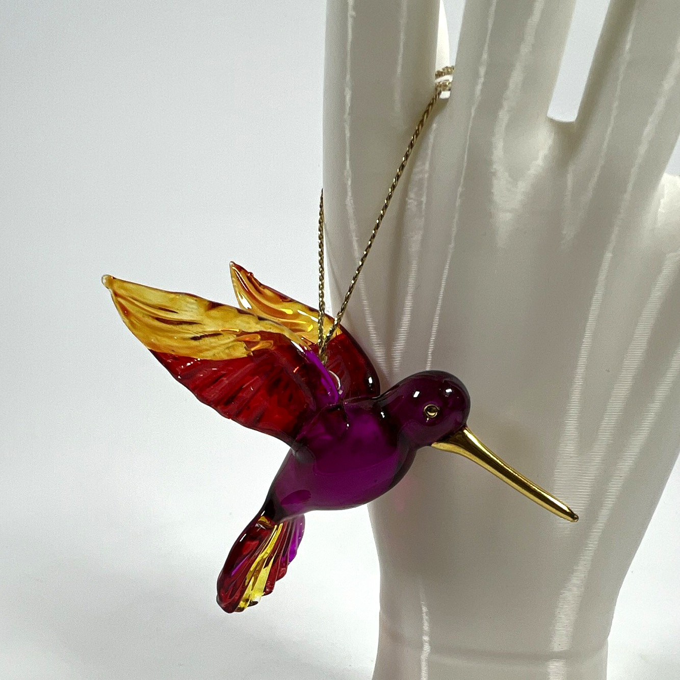 Glass Hummingbird Ornament Purple Red w/ Gold Beak Hanging String