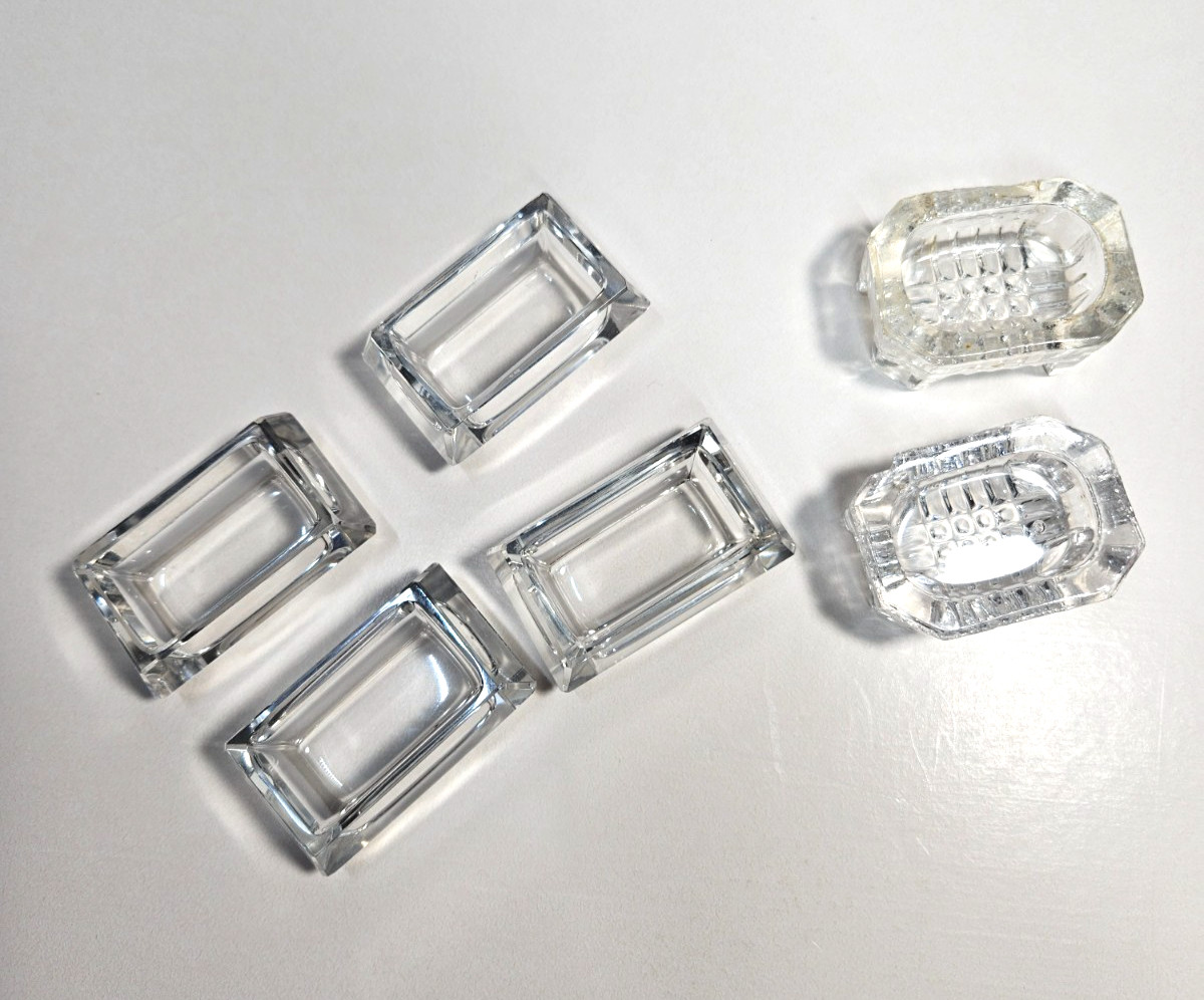 Vintage Clear Glass Open Salt Cellars Lot Of 6 Beveled Rectangular Footed Set