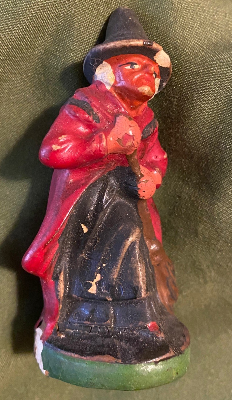 RARE 3” Antique Halloween Witch w/ Broom Chalkware German Germany 