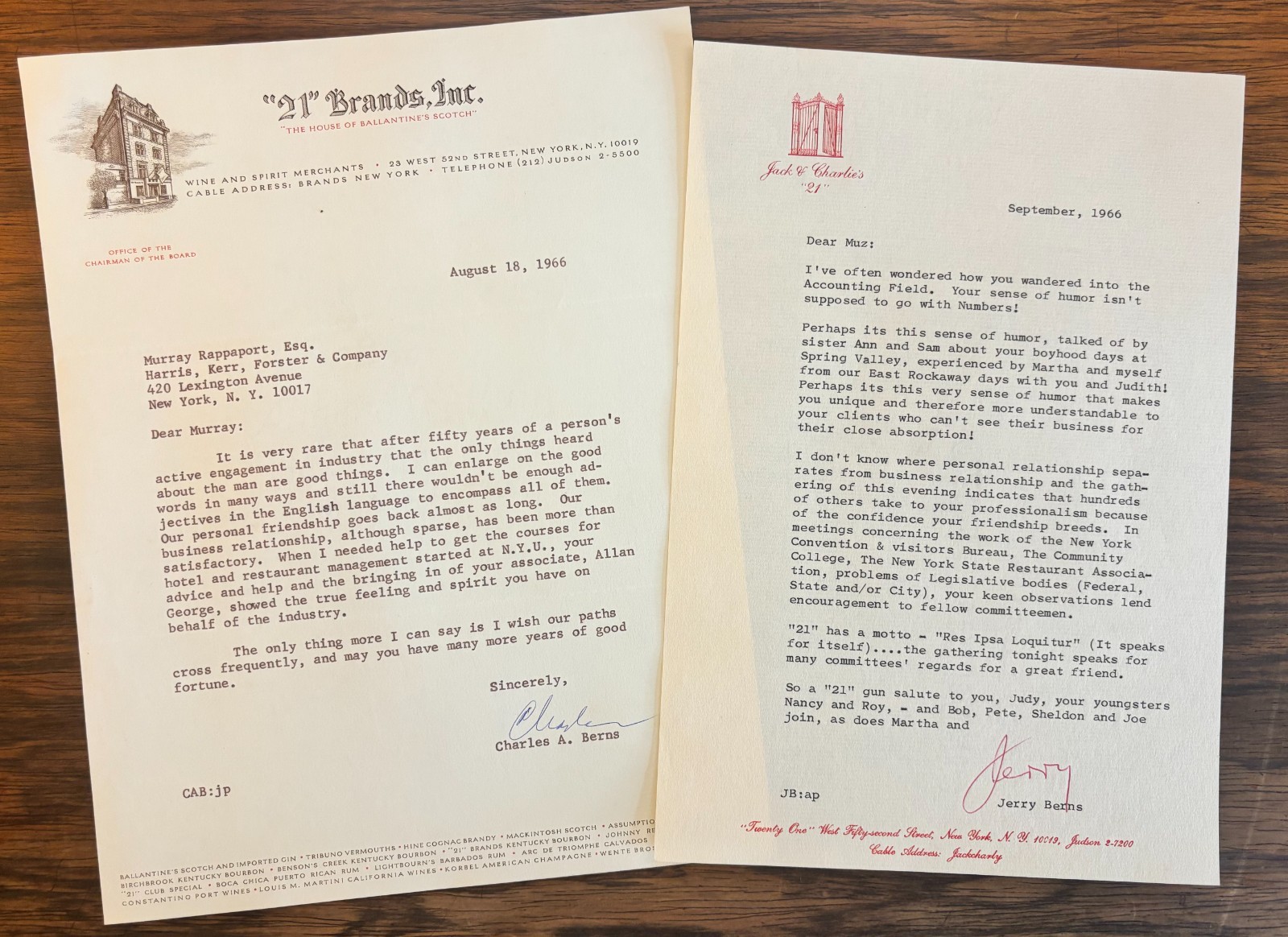 21 CLUB OWNERS SIGNED LETTERS BY JERRY & CHARLIE BERNS NEW YORK CITY SPEAKEASY